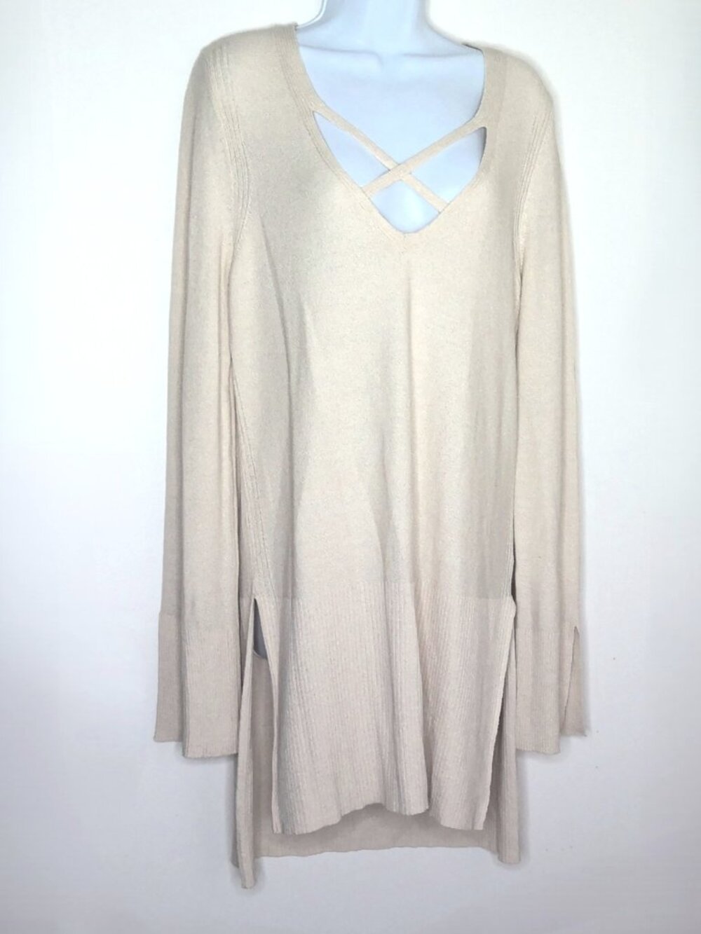 Free People Tunic Sweater Knit Top Beige Stretch Strappy V Neck EUC Sz L